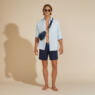 Men Flat Belt Stretch Swim Trunks Solid Navy details view 1