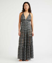 Women Silk Long Backless Dress Pearl Black front worn view