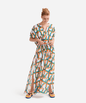 Tunique longue femme en voile de coton Africain - Vilebrequin x JCC+ - Edition limitée Blanc vue portée de face