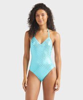 Women Halter One-piece Swimsuit Relief Sparkling Disco green 正面穿戴视图