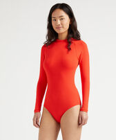 Maillot de bain une-pièce anti-UV manches longues Jacquard Vichy Coquelicot vue portée de face