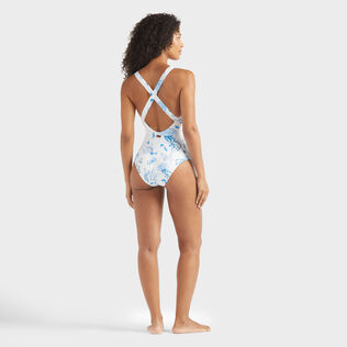 Women Crossed Back Straps One-piece Swimsuit Medusa and Shells White 背面穿戴视图