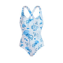 Women Crossed Back Straps One-piece Swimsuit Medusa and Shells White 正面图