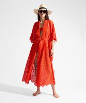 Women Guipure Kimono Flowers Lace Poppy red 正面图