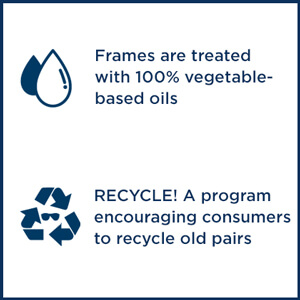 Frames are treated with 100%  vegetable-based oils - RECYCLE! A program encouraging  consumers to recycle old pairs